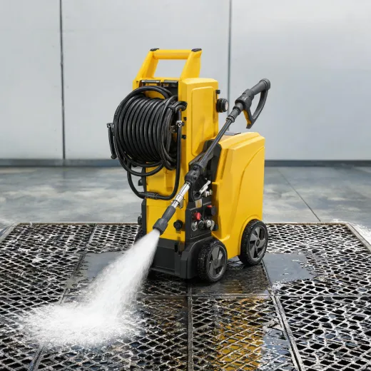 Professional pressure washer on a wash-down pad