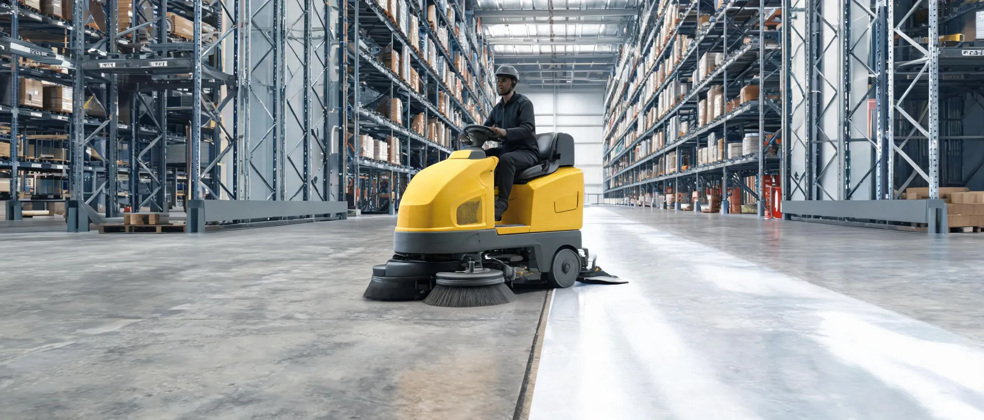 Kärcher ride-on floor scrubber cleaning a logistics facility