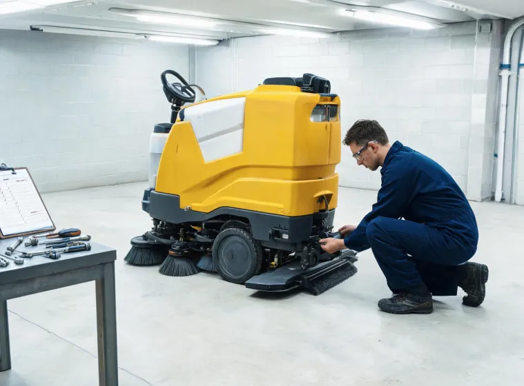 Technician inspecting a Kärcher floor scrubber